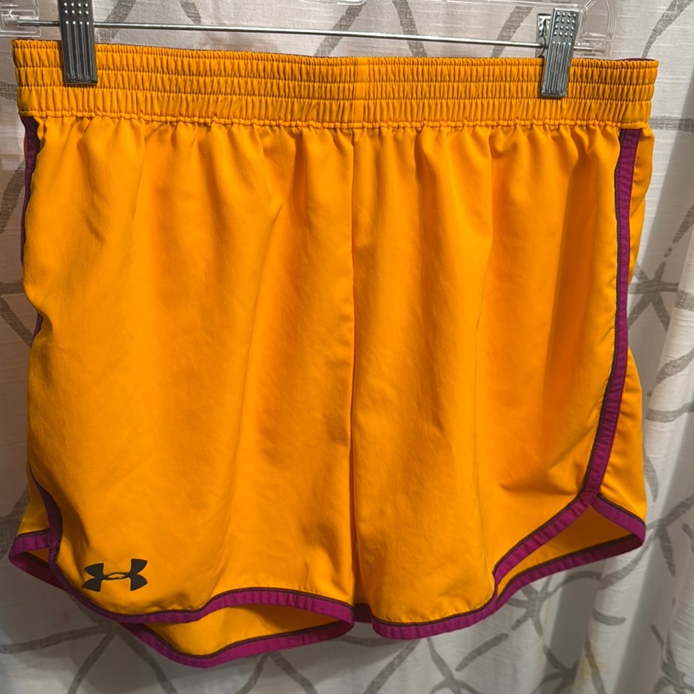 Under Armour Women's Bright Yellow Shorts with Purple Edging